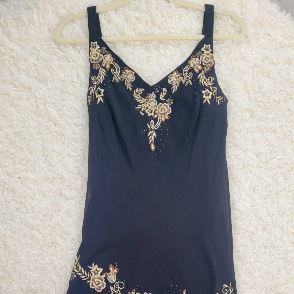 Black Embellished Midi Dress, V Neck, 20s inspired